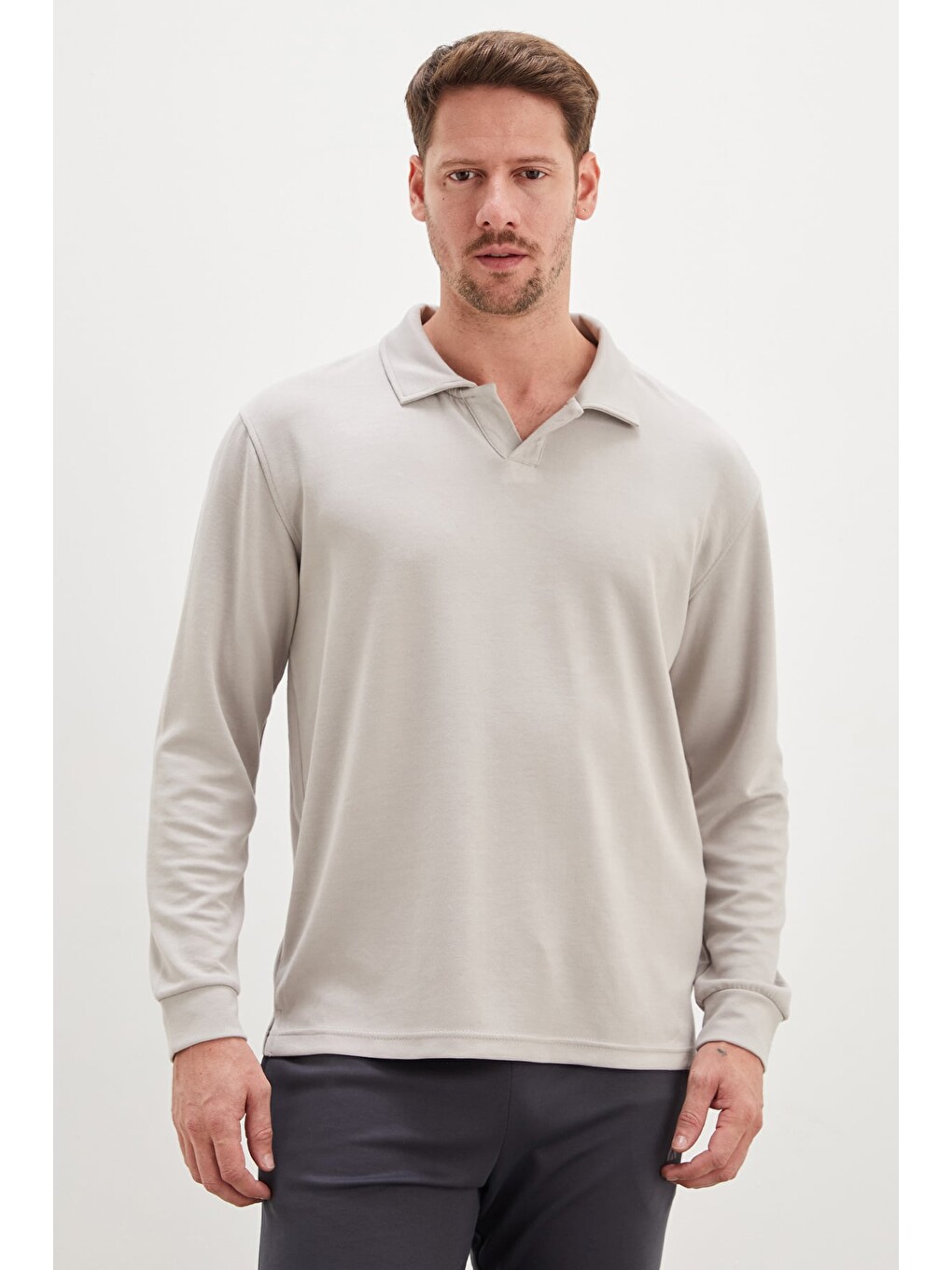 Gri Basic Apaş Yaka Modal Sweatshirt-2