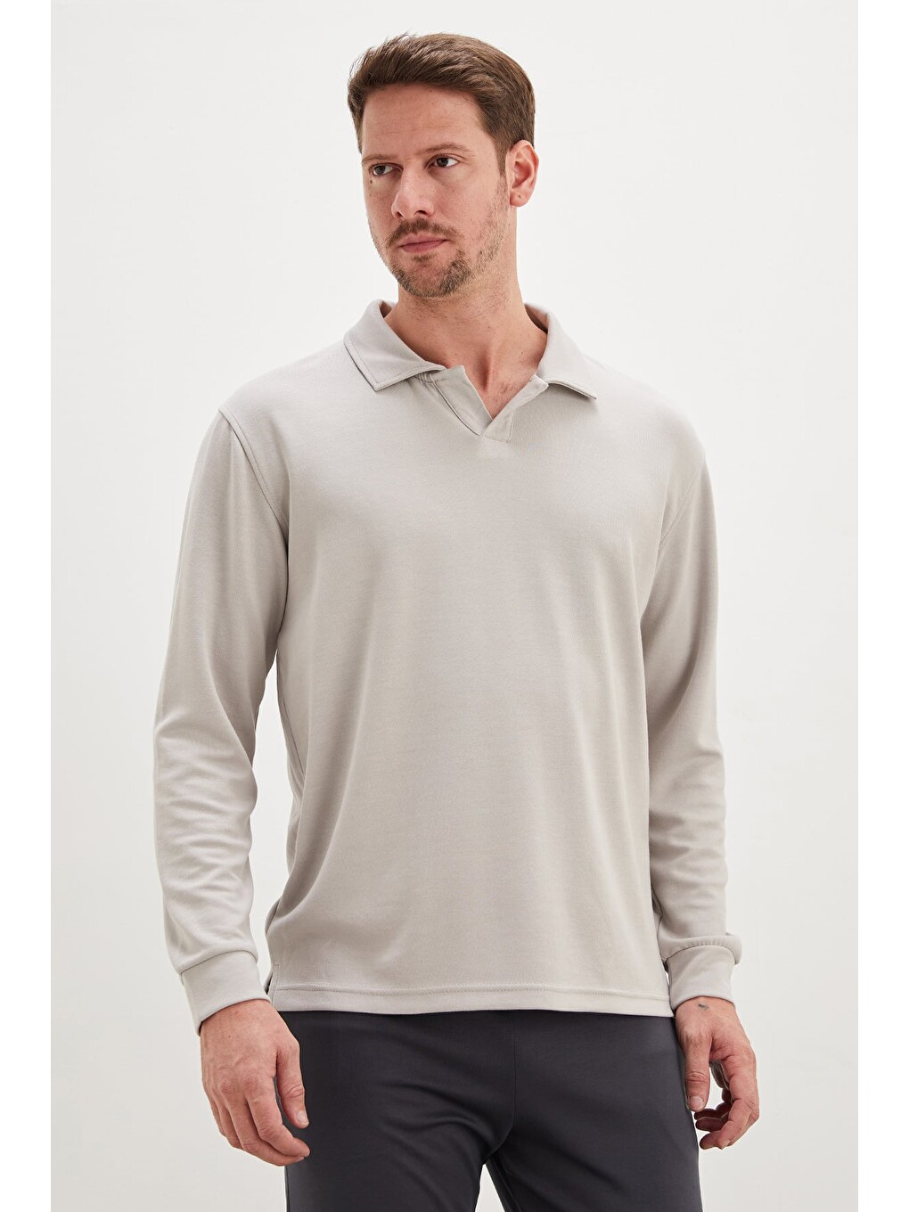 Gri Basic Apaş Yaka Modal Sweatshirt-3