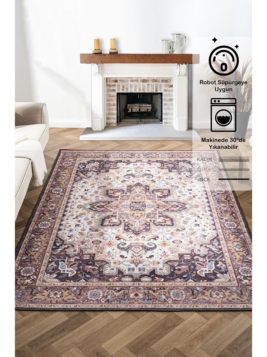 Kahverengi Antico 2356 Pamuk Tabanlı Yıkanabilir Otantik Vintage Klasik Eskitme Halı-120x180