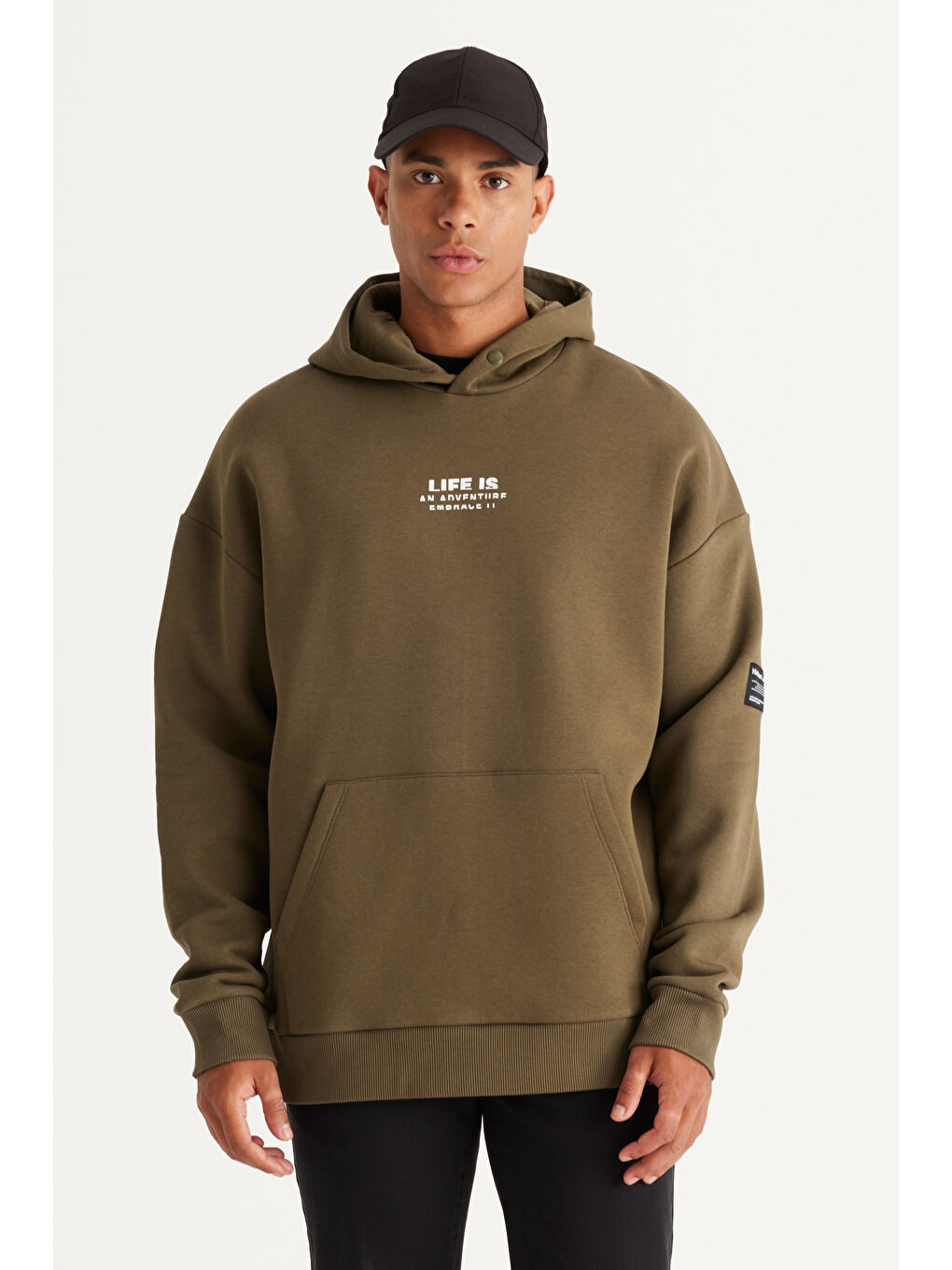 Erkek Haki Oversize Fit Bol Kesim Kapüşonlu İçi Polarlı Pamuklu Sweatshirt