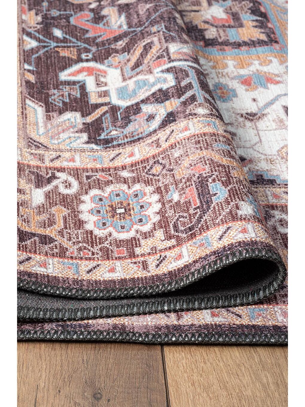 Kahverengi Antico 2356 Pamuk Tabanlı Yıkanabilir Otantik Vintage Klasik Eskitme Halı-120x180-1