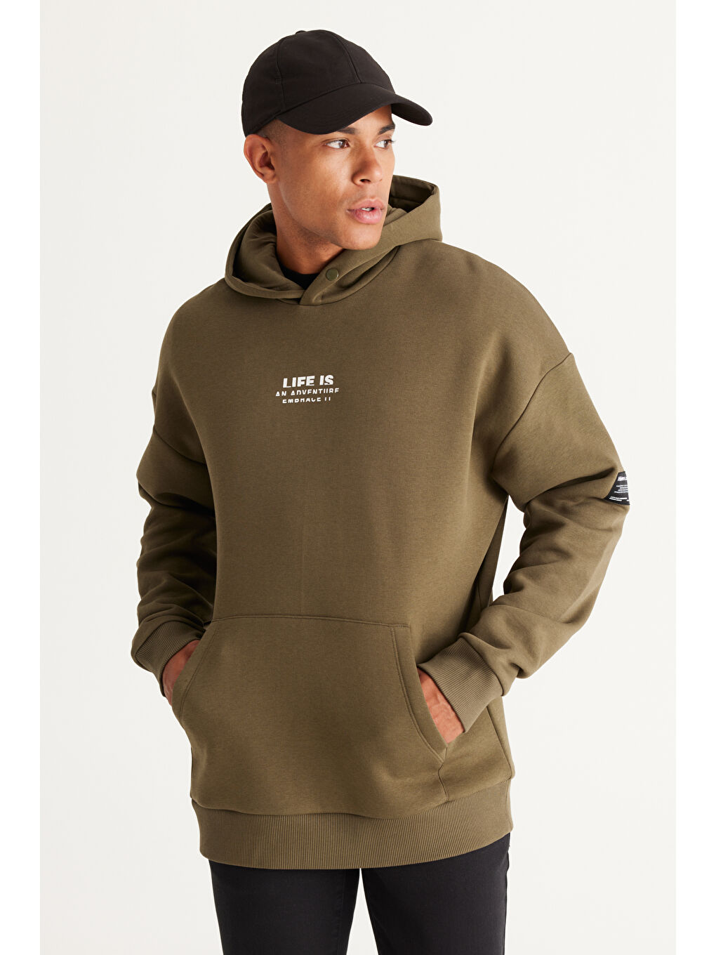 Erkek Haki Oversize Fit Bol Kesim Kapüşonlu İçi Polarlı Pamuklu Sweatshirt-1