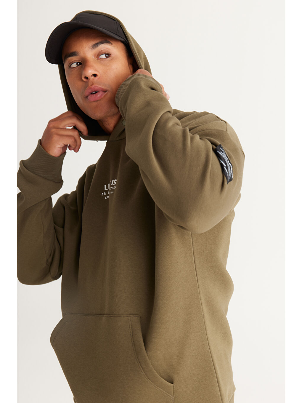 Erkek Haki Oversize Fit Bol Kesim Kapüşonlu İçi Polarlı Pamuklu Sweatshirt-2