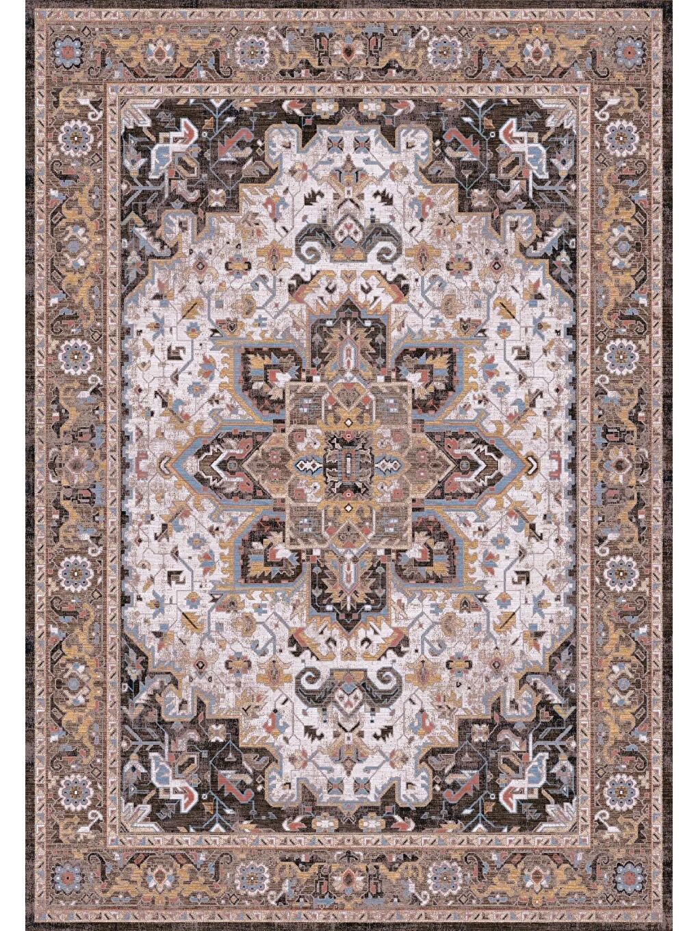 Kahverengi Antico 2356 Pamuk Tabanlı Yıkanabilir Otantik Vintage Klasik Eskitme Halı-120x180-2