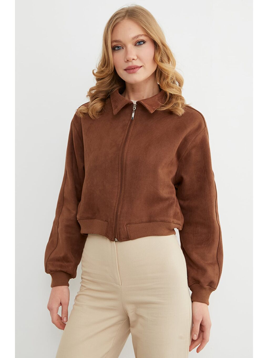 Kahverengi Fermuarlı Polo Yaka Süet Bomber Ceket