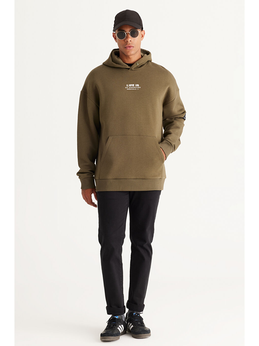 Erkek Haki Oversize Fit Bol Kesim Kapüşonlu İçi Polarlı Pamuklu Sweatshirt-4