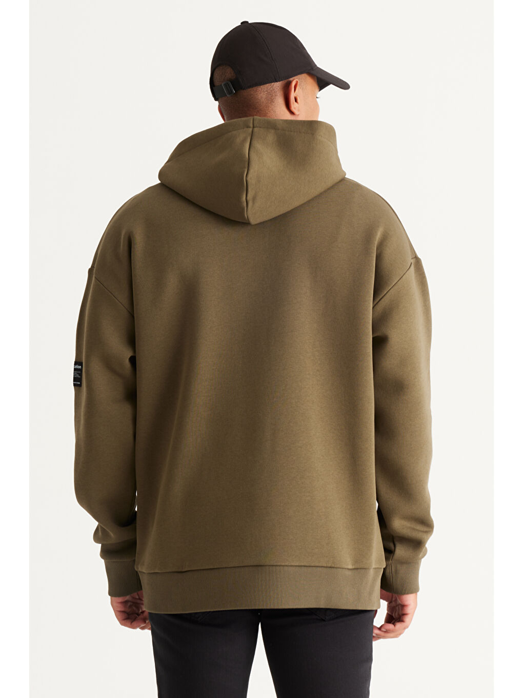 Erkek Haki Oversize Fit Bol Kesim Kapüşonlu İçi Polarlı Pamuklu Sweatshirt-5