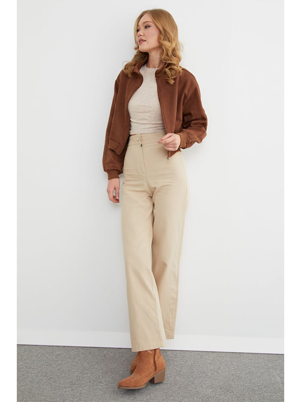 Kahverengi Fermuarlı Polo Yaka Süet Bomber Ceket-2