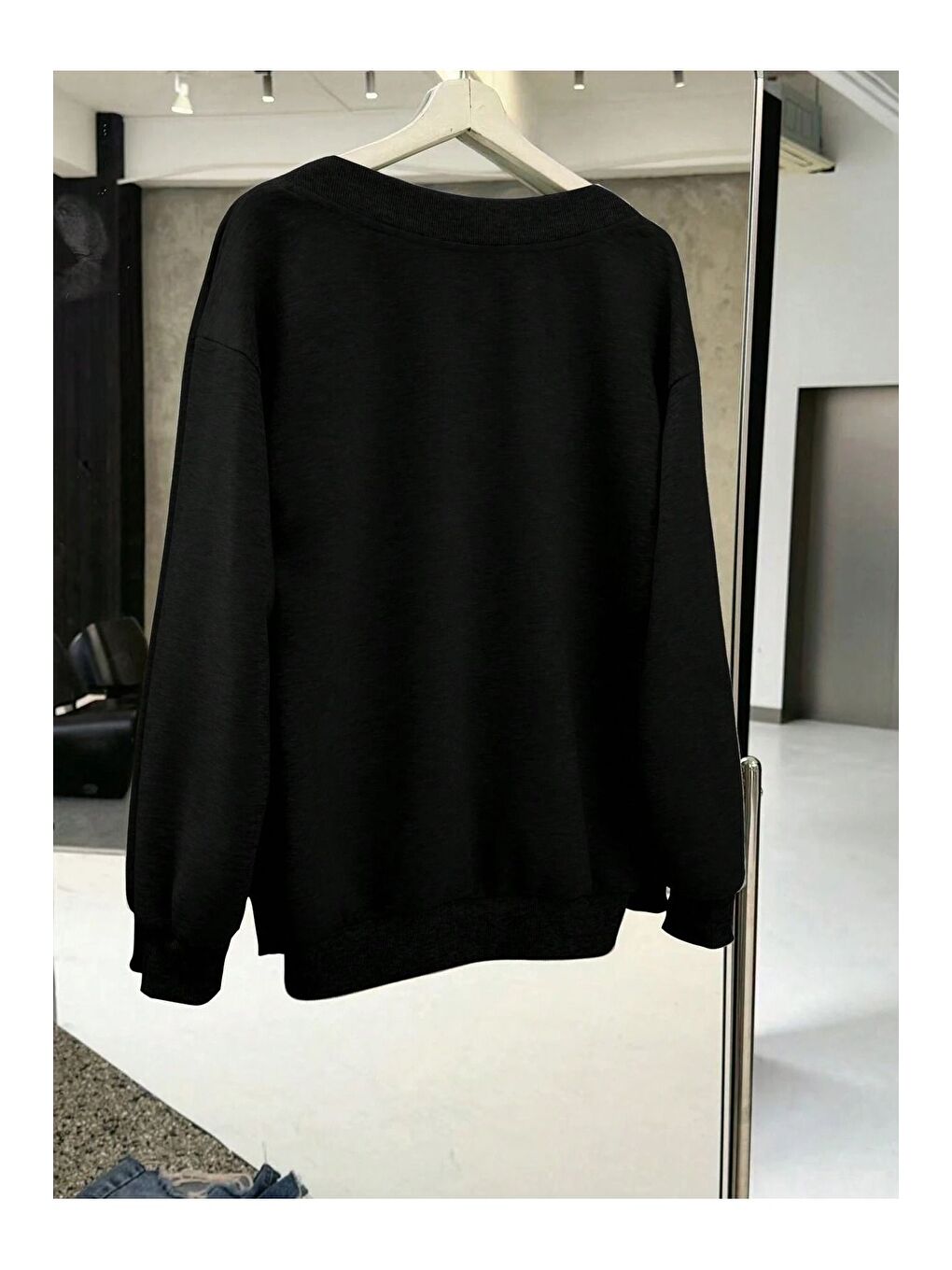 Trendseninle Kadın 3 Iplik Siyah Mexico Baskılı V Yaka Oversize Sweatshirt - 1