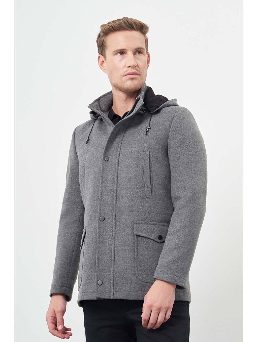 Gri Füme Kaşe Dik Yaka Astarlı Slim Fit Dar Kesim Klasik Kaban 1008245272