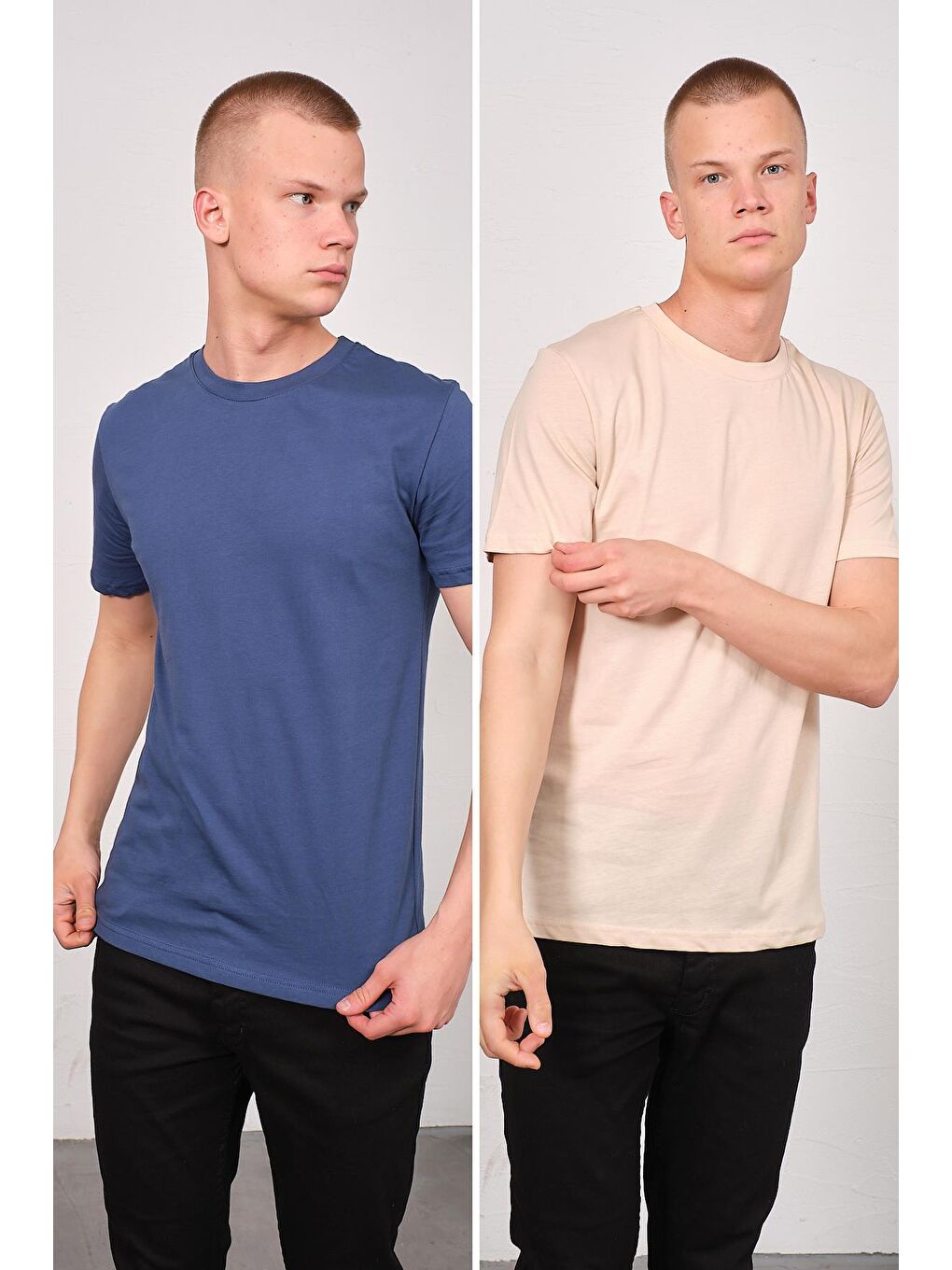 C&City Erkek Bisiklet Yaka 2'li Regular Fit Basic T-Shirt 990 İndigo/Bej