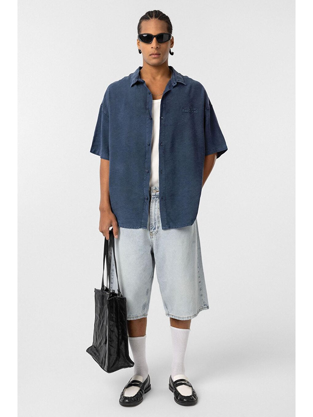 İndigo Arka Baskılı Oversize Gömlek Açık Indıgo