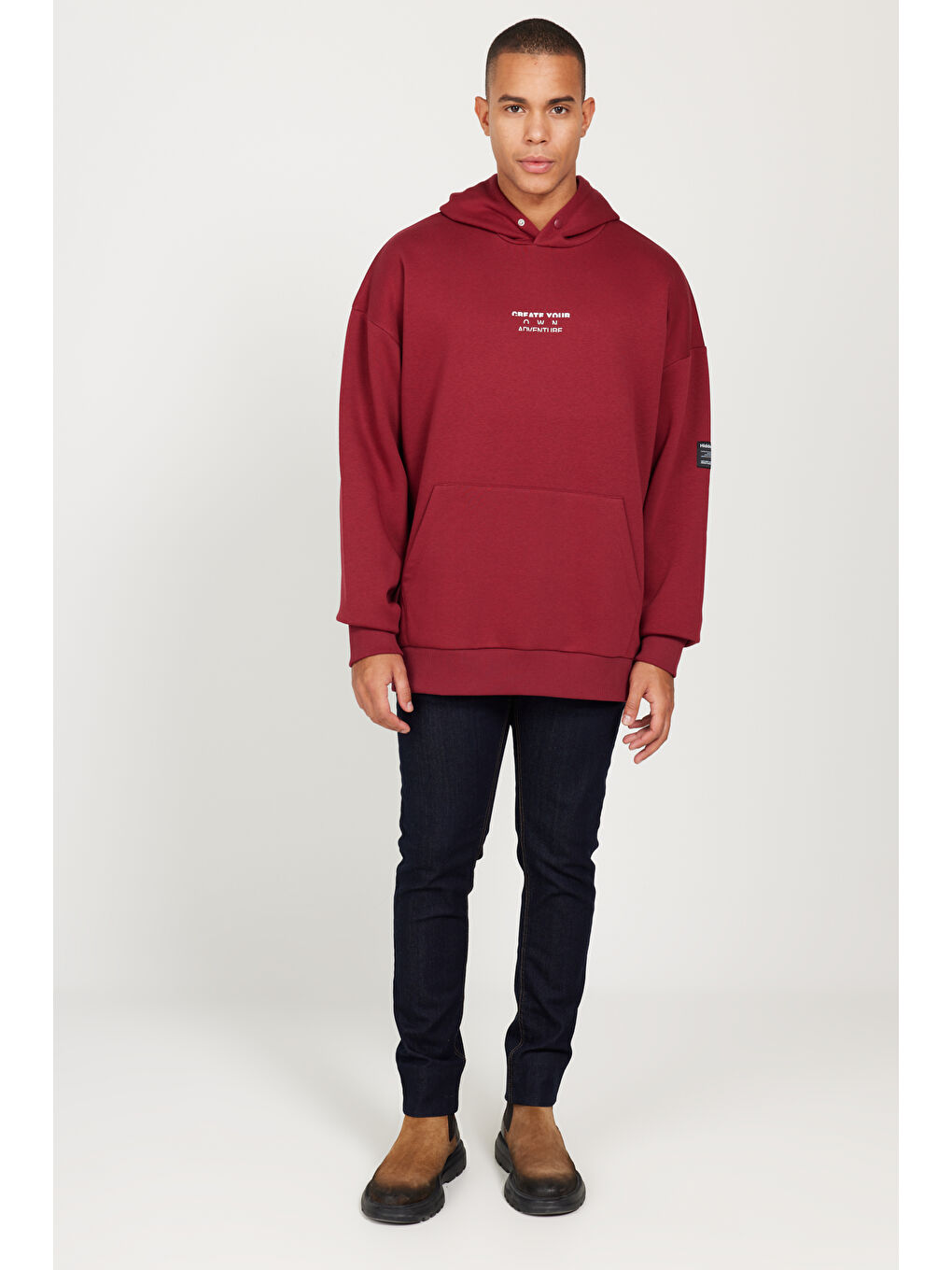 Erkek Bordo Oversize Fit Bol Kesim Kapüşonlu İçi Polarlı Pamuklu Sweatshirt-1