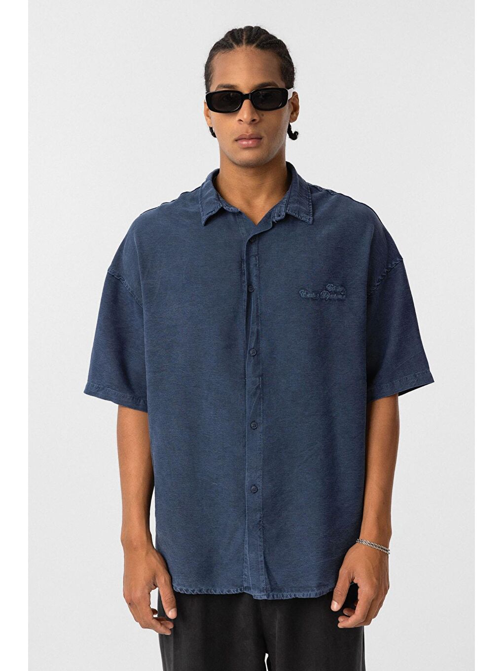 İndigo Arka Baskılı Oversize Gömlek Açık Indıgo-2