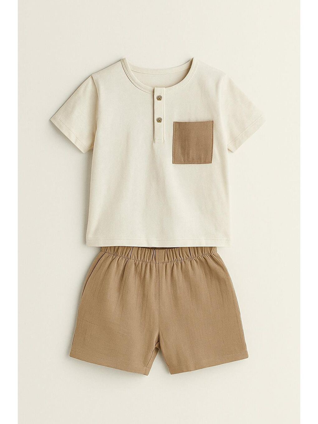 Kahverengi Erkek Çocuk Cep Detaylı Pamuklu Tişört Şort Takım (3-4 Yaş 8-9 Yaş)-1