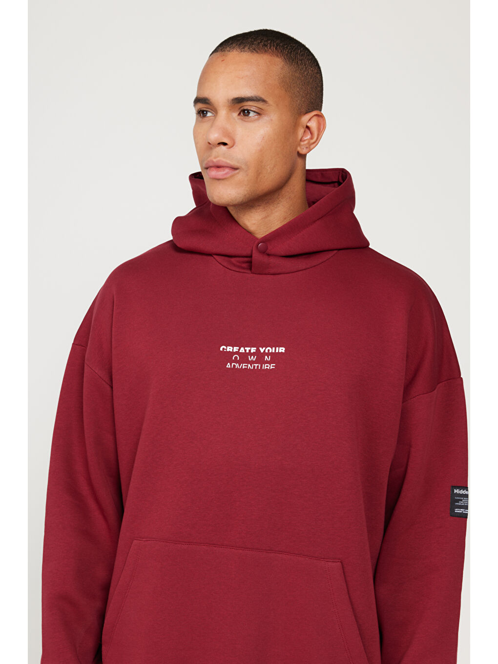 Erkek Bordo Oversize Fit Bol Kesim Kapüşonlu İçi Polarlı Pamuklu Sweatshirt-3