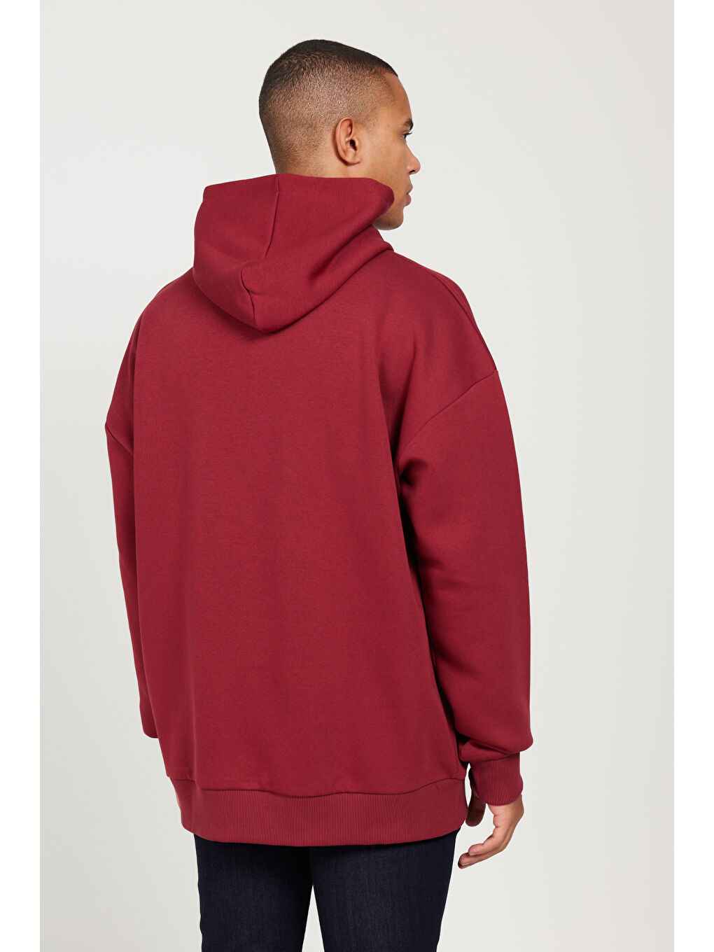 Erkek Bordo Oversize Fit Bol Kesim Kapüşonlu İçi Polarlı Pamuklu Sweatshirt-4