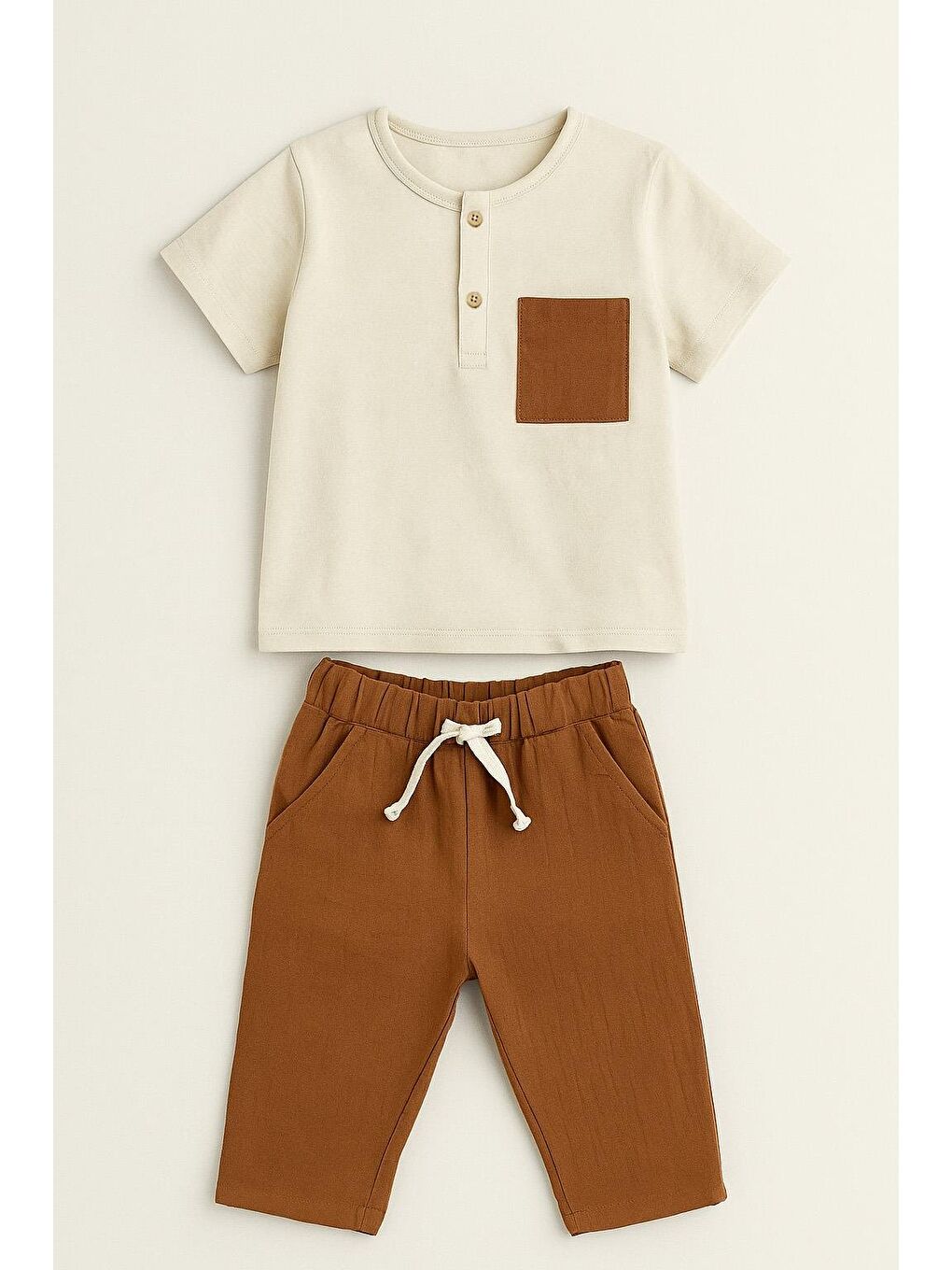 Kahverengi Erkek Çocuk Önden Cepli Pamuklu  Pantolonlu Takım (3-4 Yaş 8-9 Yaş)-1