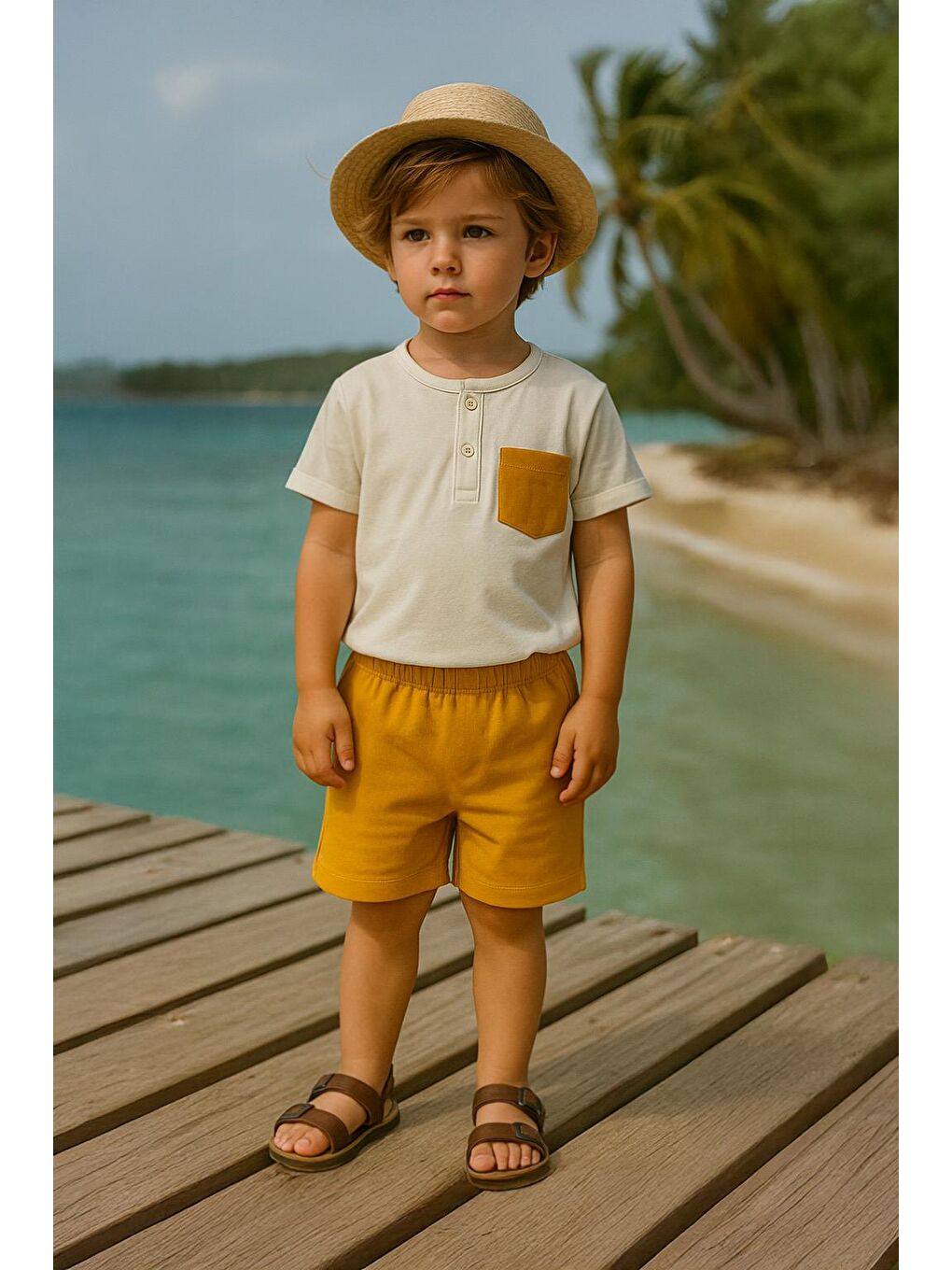 Sarı Erkek Çocuk Cep Detaylı Alt Üst %100 Pamuk Takım (3-4 Yaş 8-9 Yaş)