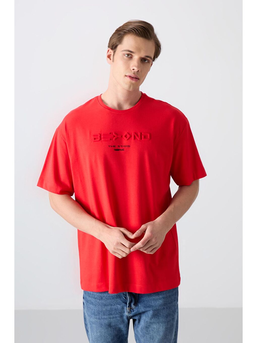 TOMMYLIFE Kırmızı Pamuklu Kalın Yumuşak Dokulu Oversize Fit Baskılı Erkek T-Shirt - 88328 - 3