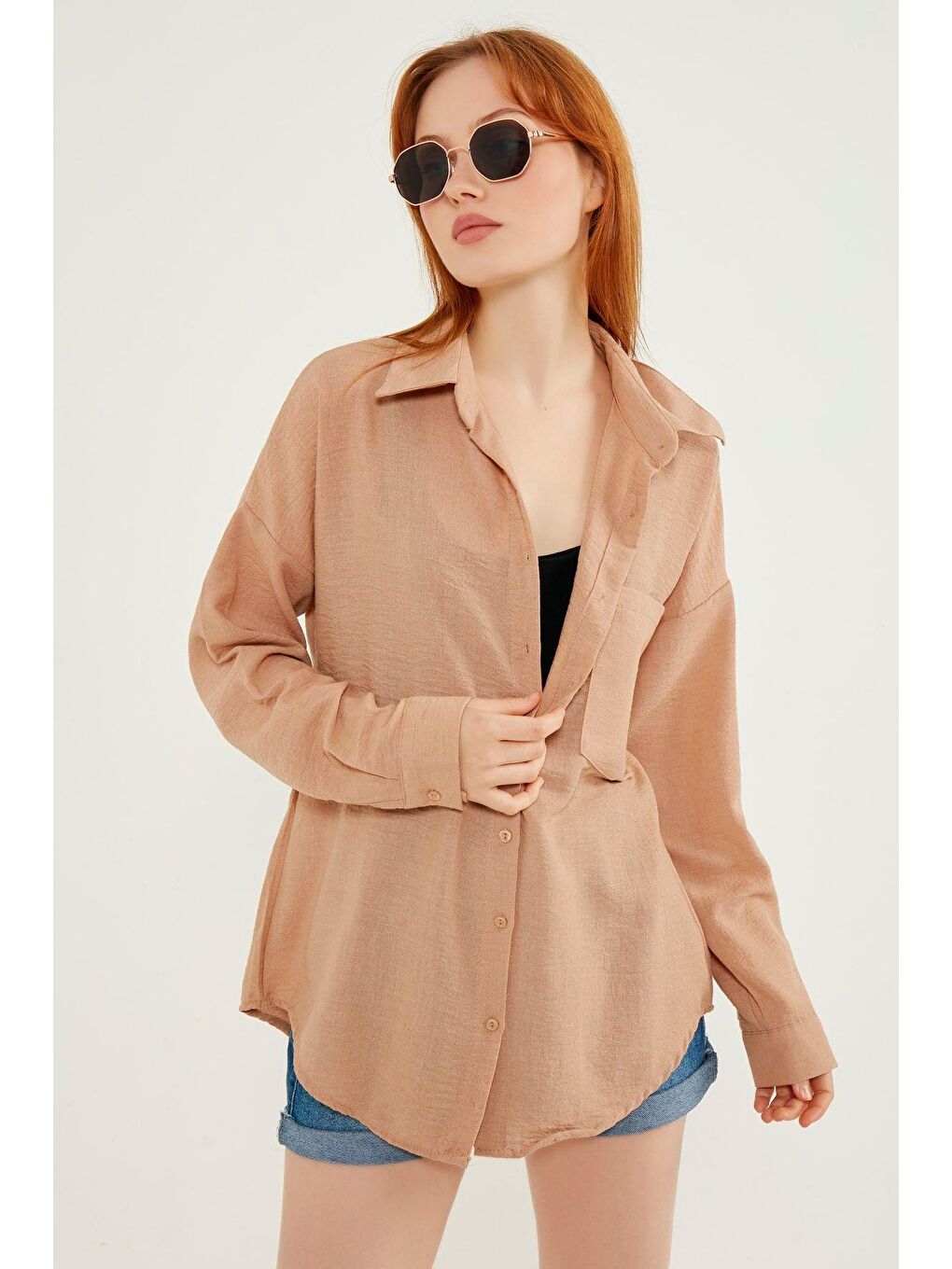 Kahverengi Kadın Kahve Hafif Oversize Keten Gömlek