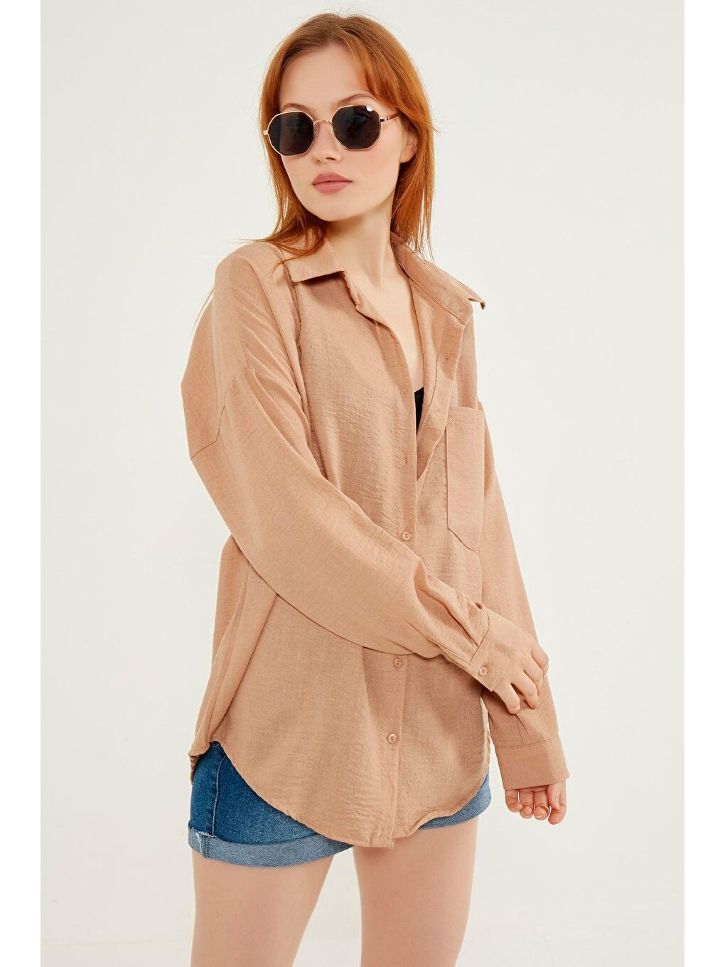 Kahverengi Kadın Kahve Hafif Oversize Keten Gömlek-1