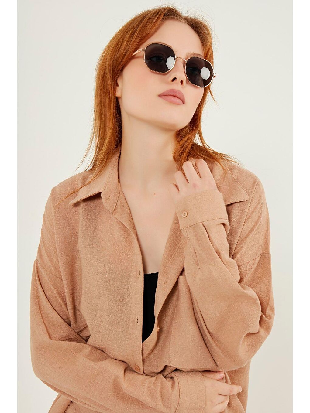 Kahverengi Kadın Kahve Hafif Oversize Keten Gömlek-2
