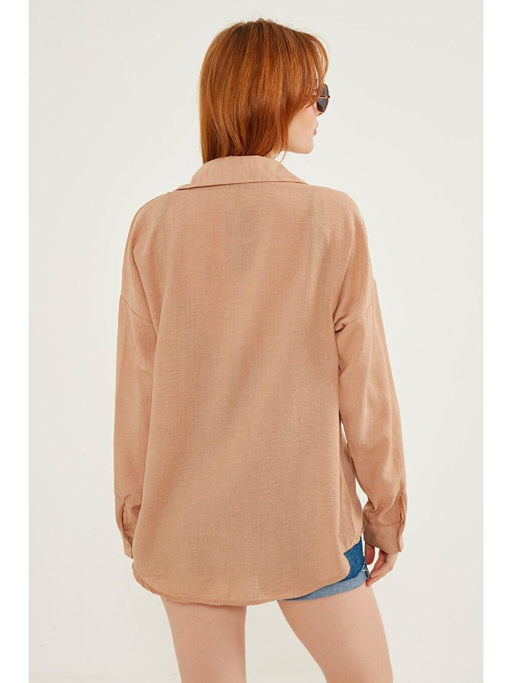 Kahverengi Kadın Kahve Hafif Oversize Keten Gömlek-3