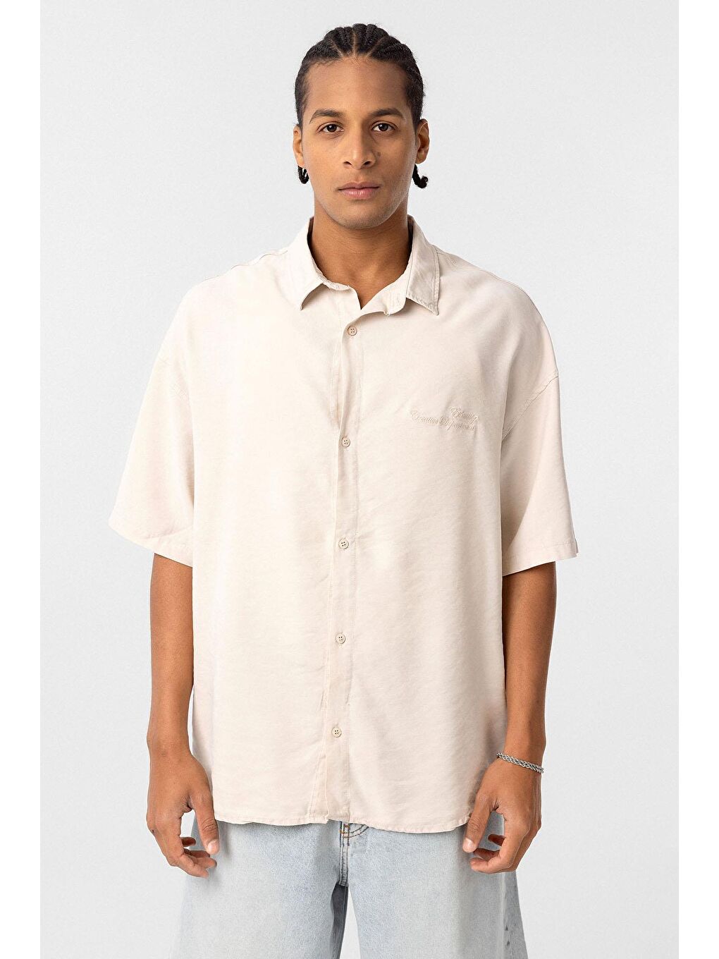 Arka Baskılı Oversize Gömlek Bej-2