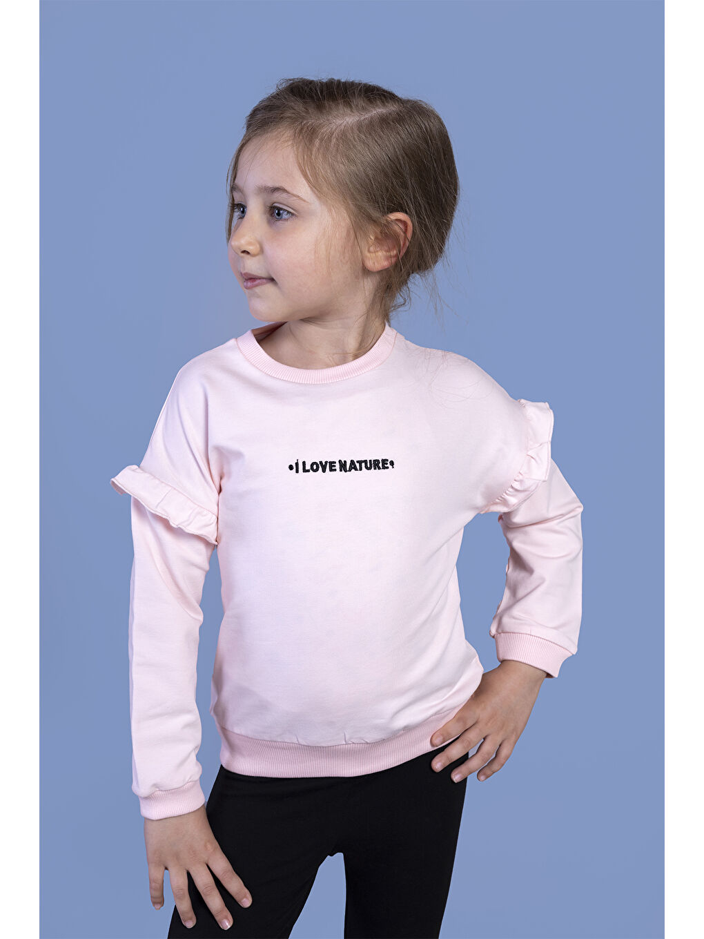 Toontoykids Pembe Kız Çocuk Kolları Fırfır Detaylı Nakışlı Sweatshirt