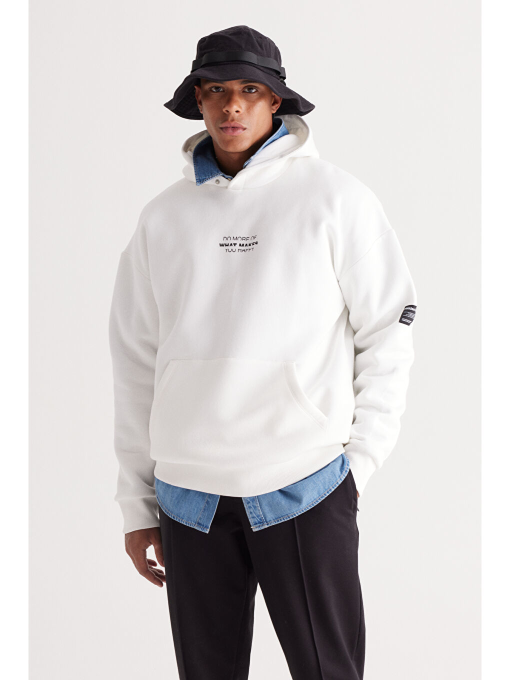 Erkek Beyaz Oversize Fit Bol Kesim Kapüşonlu İçi Polarlı Pamuklu Sweatshirt
