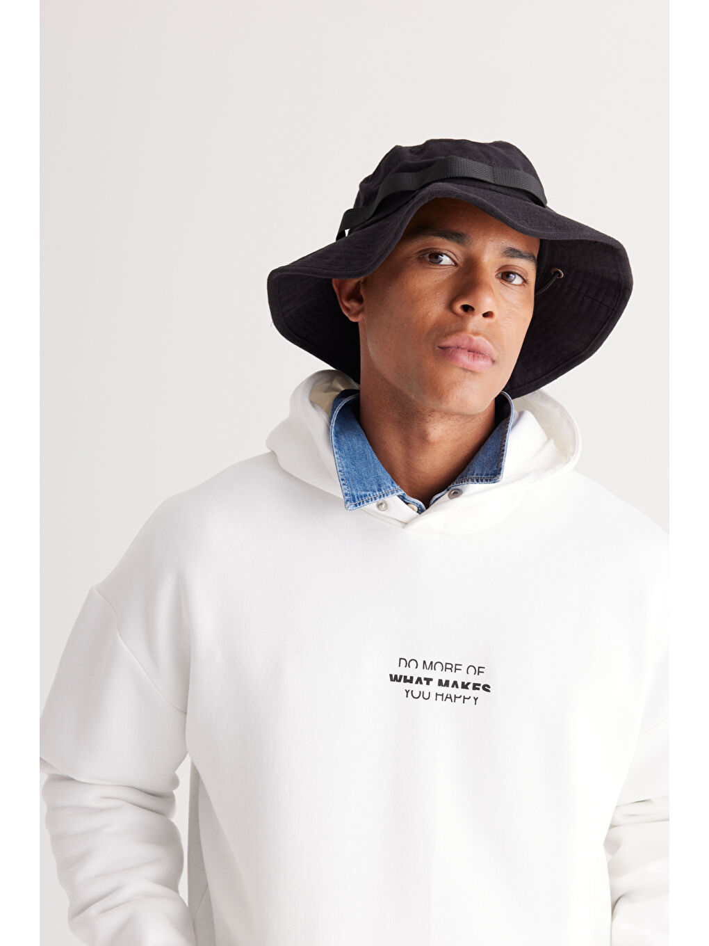 Erkek Beyaz Oversize Fit Bol Kesim Kapüşonlu İçi Polarlı Pamuklu Sweatshirt-1