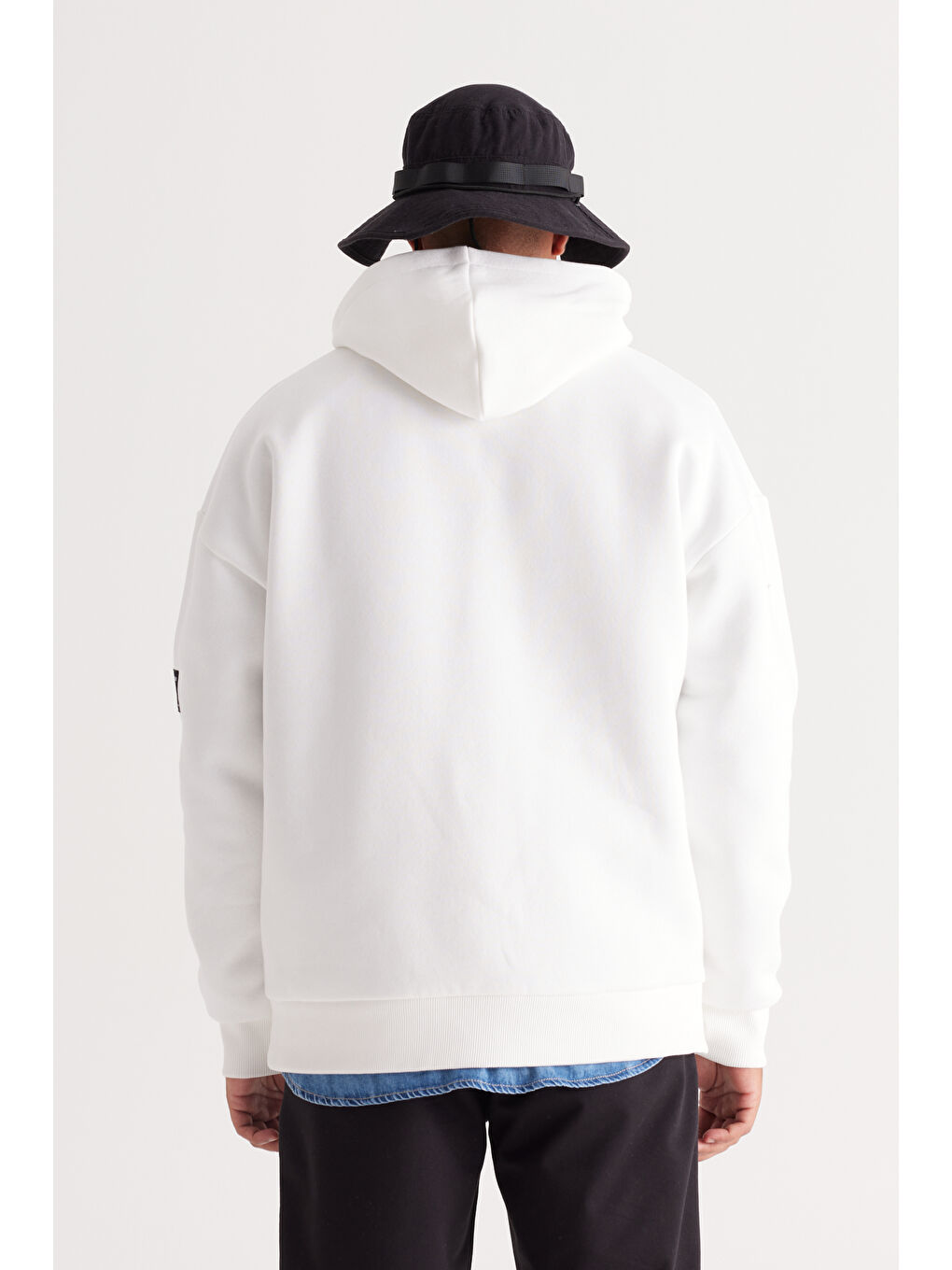 Erkek Beyaz Oversize Fit Bol Kesim Kapüşonlu İçi Polarlı Pamuklu Sweatshirt-6