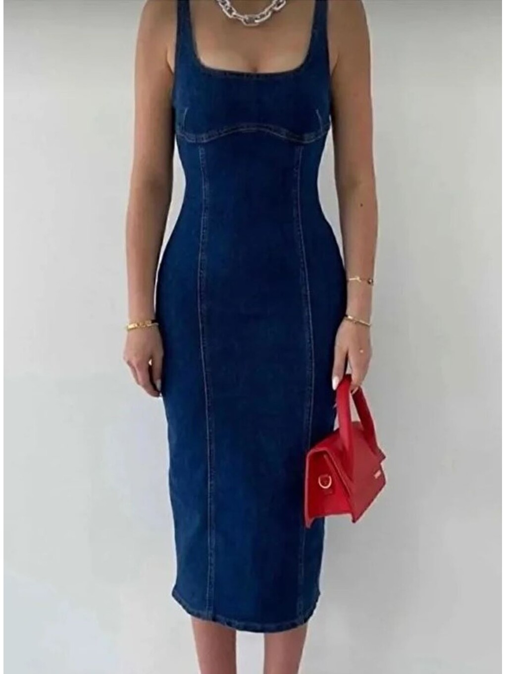 İndigo Kadın Koyu Mavi Denim Askılı Midi Elbise – Jean Kalem Elbise-1