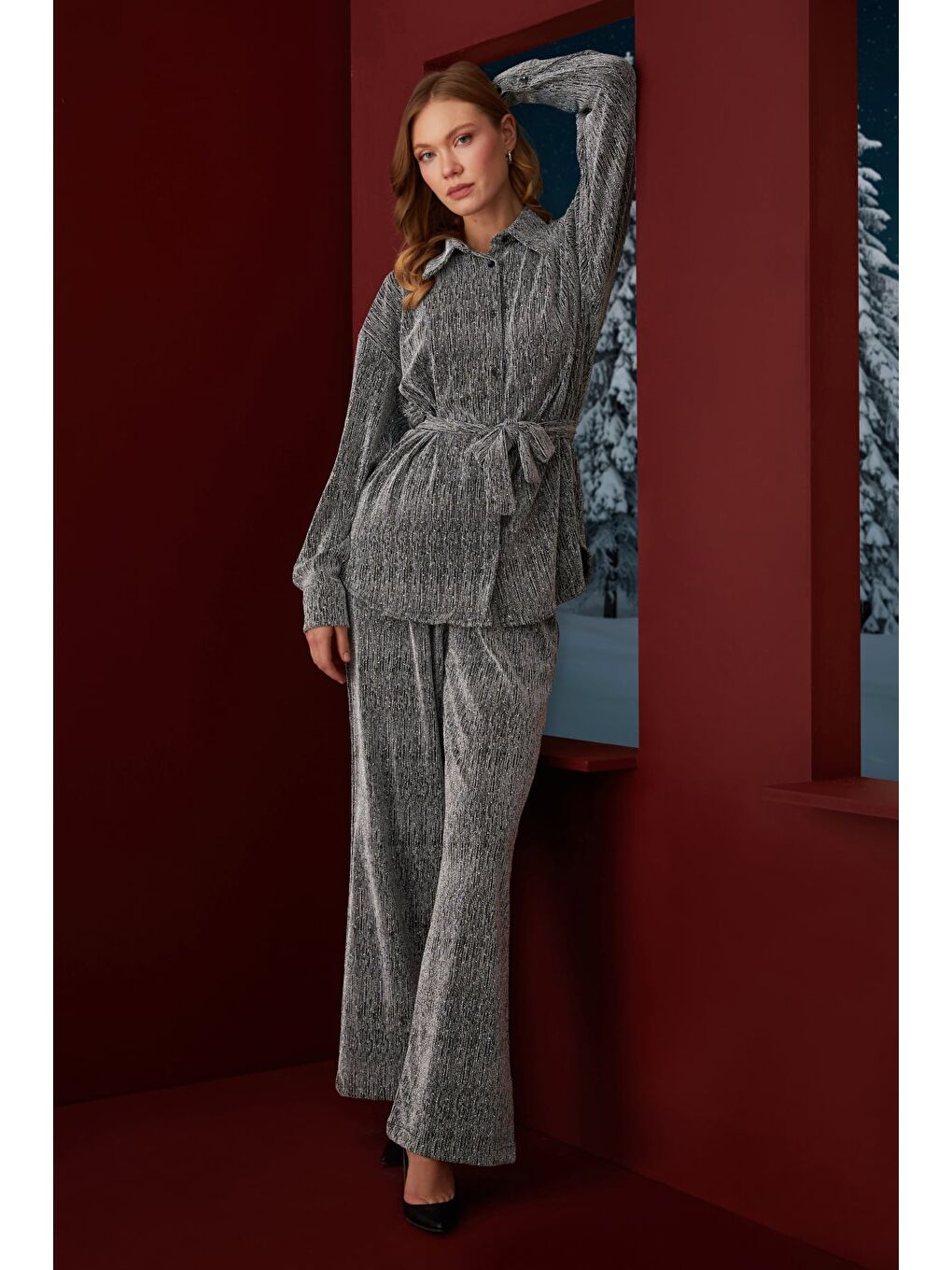 Gri Fullamodest Beli Kemerli Taşlı Simli 2 Li Takım