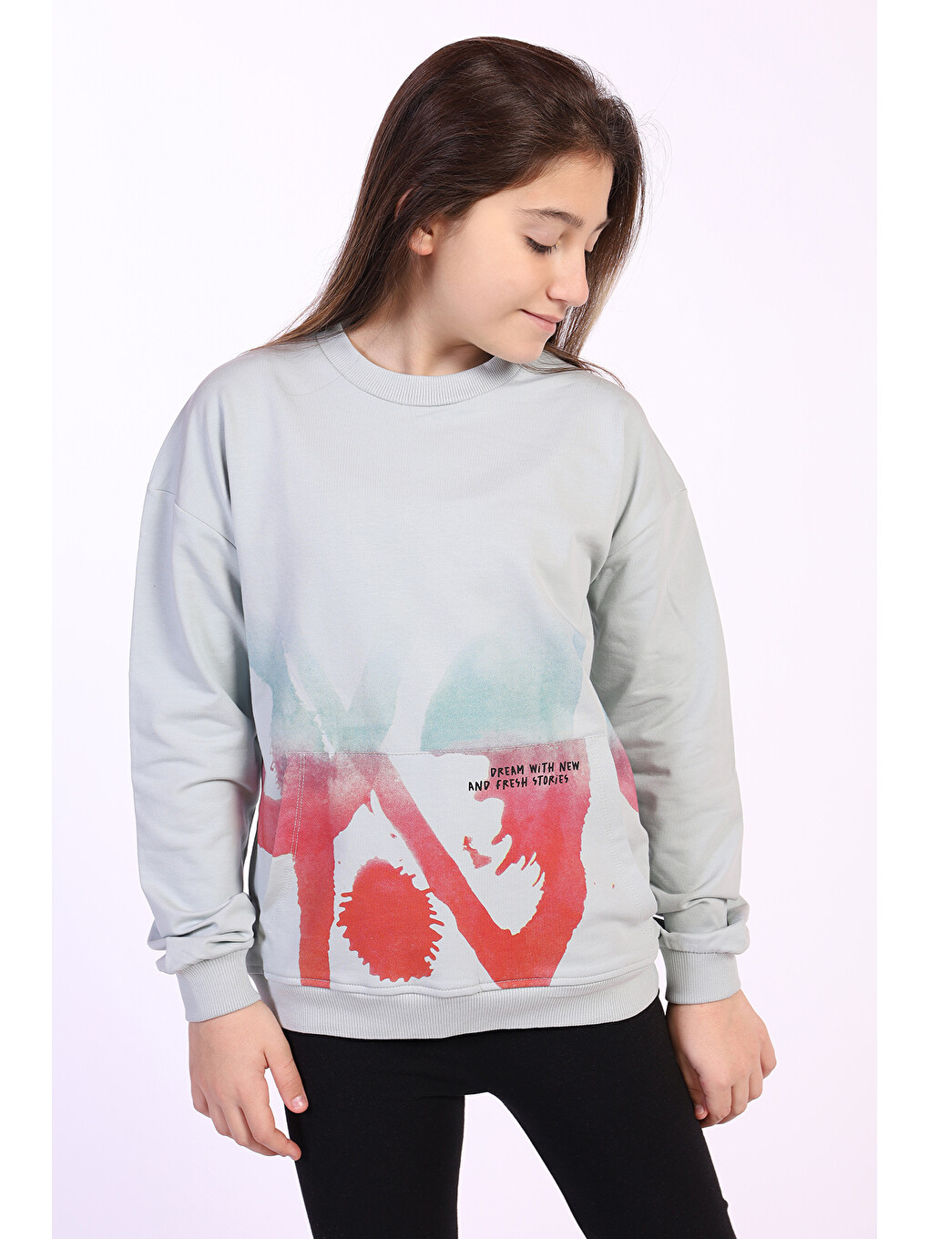 Yeşil Kız Çocuk Cepi Yazı Baskılı Sweatshirt