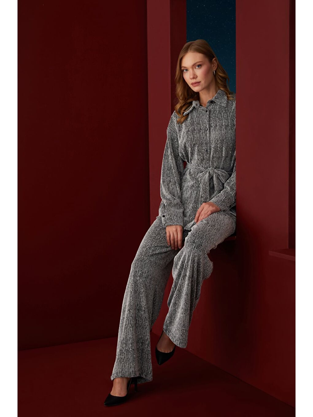 Gri Fullamodest Beli Kemerli Taşlı Simli 2 Li Takım-1