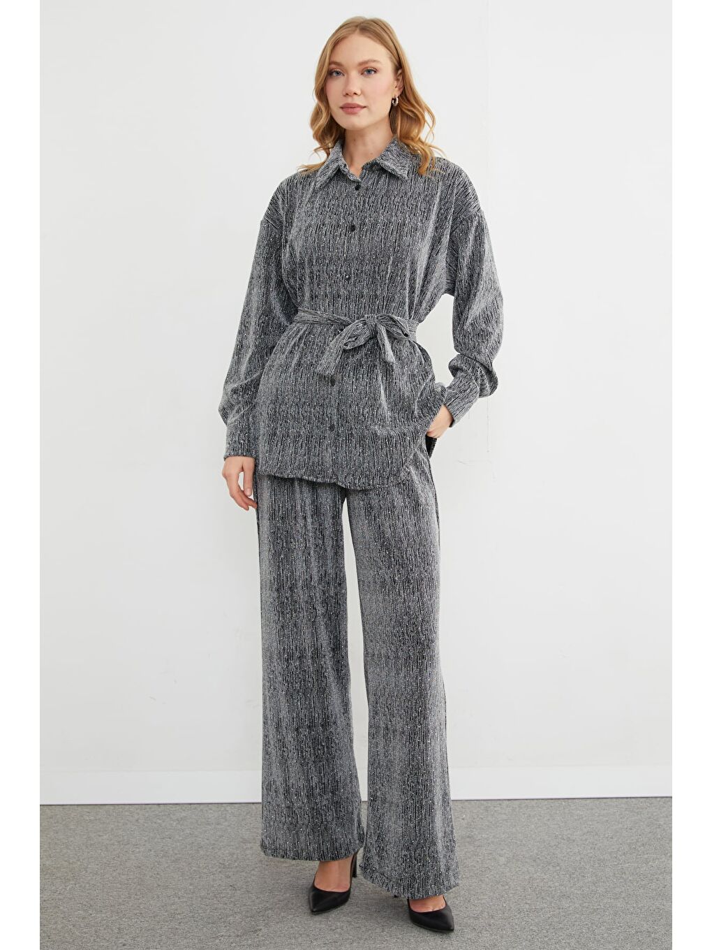 Gri Fullamodest Beli Kemerli Taşlı Simli 2 Li Takım-2