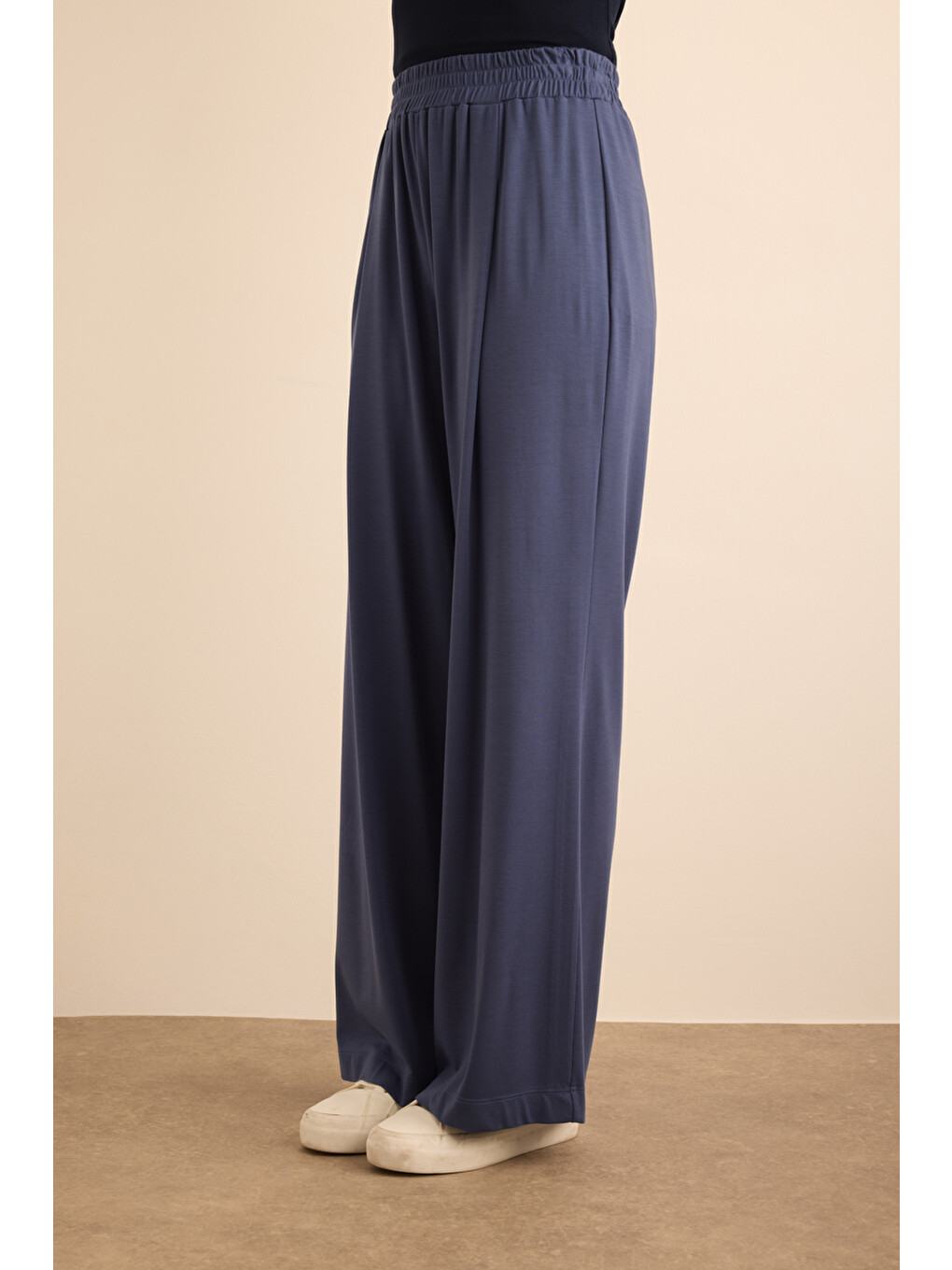 Mavi Saks Beli Lastikli Örme Bol Pantolon-2