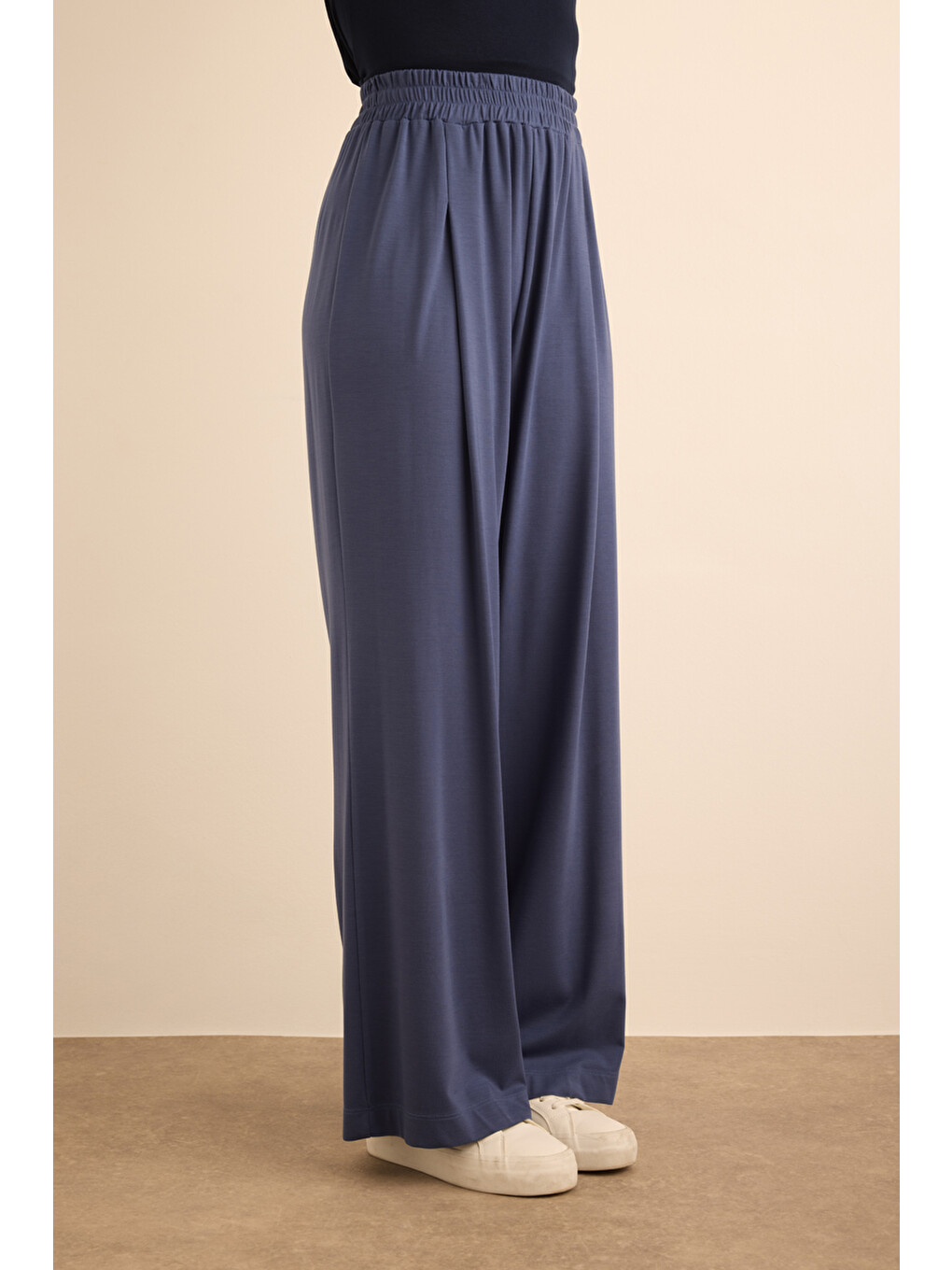 Mavi Saks Beli Lastikli Örme Bol Pantolon-3