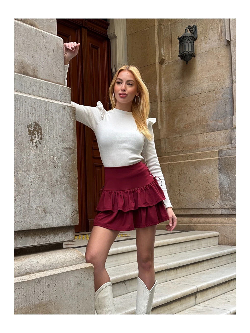 Kadın Bordo Kuş Gözlü Fır Fır Detaylı Mini Etek HZL25W-ZK11391