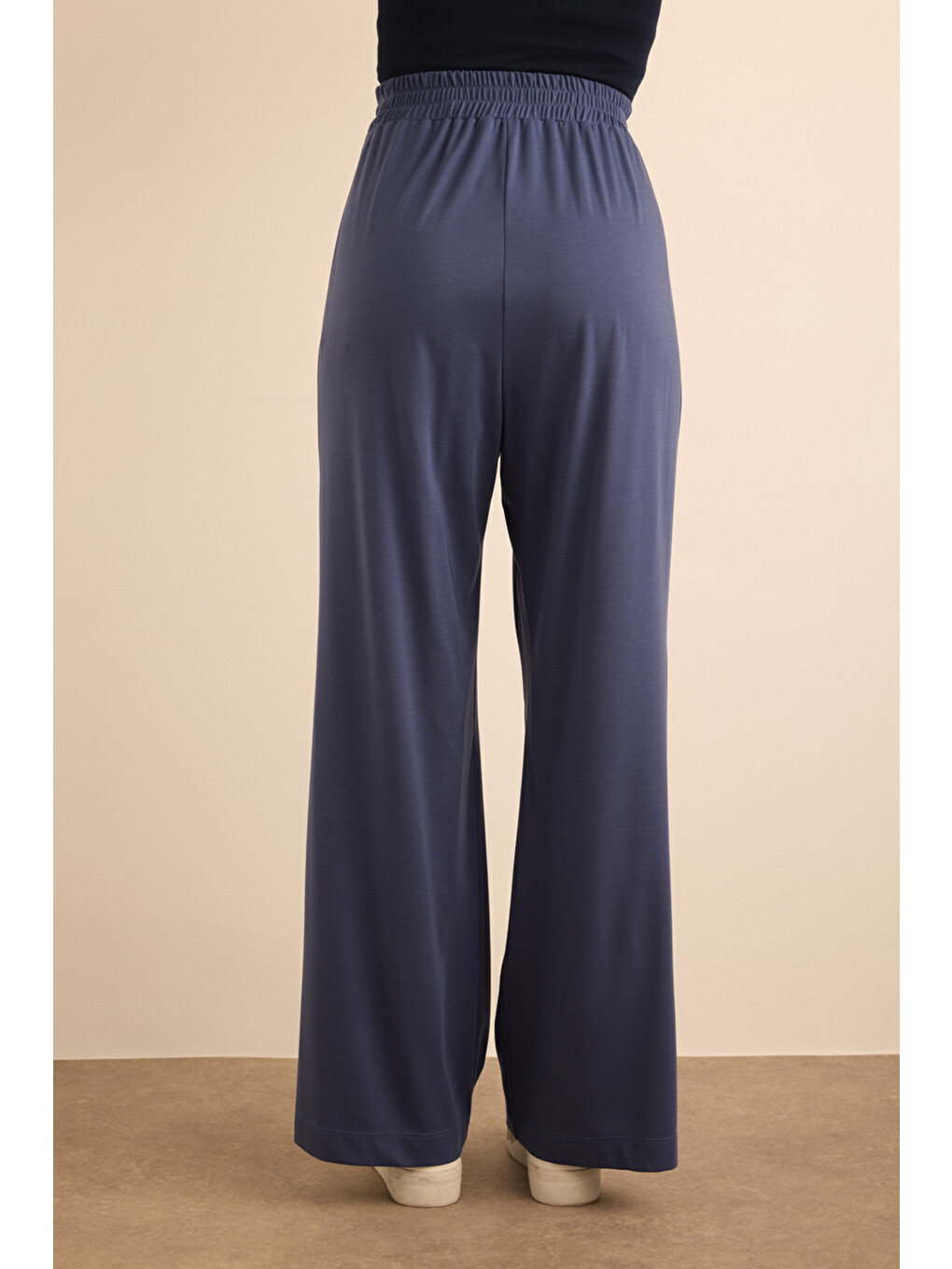 Mavi Saks Beli Lastikli Örme Bol Pantolon-4