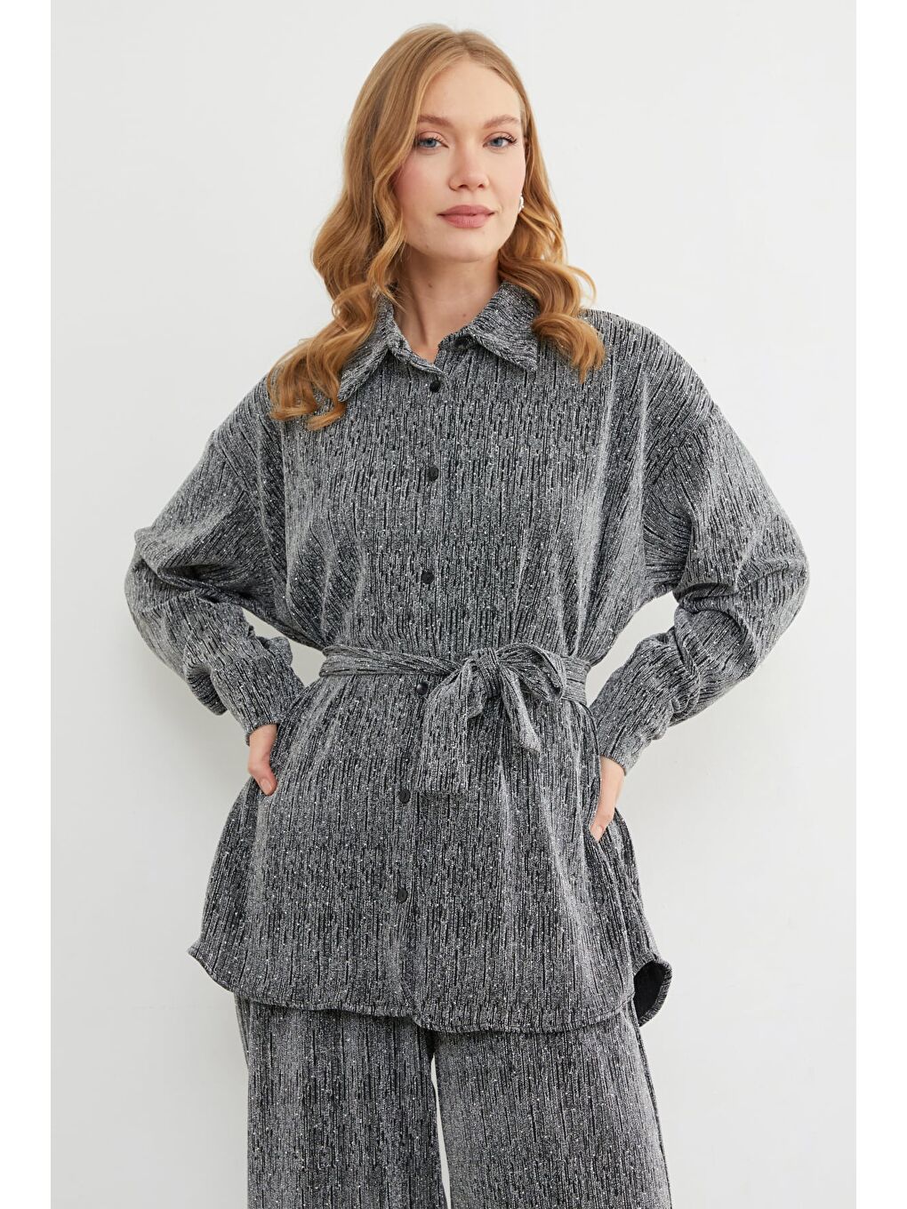 Gri Fullamodest Beli Kemerli Taşlı Simli 2 Li Takım-4