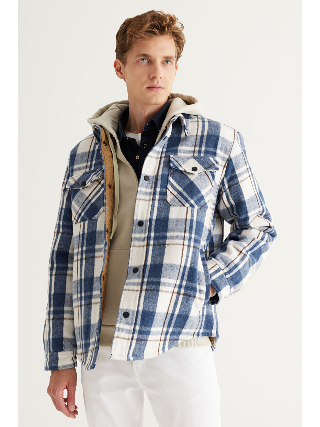 Erkek Lacivert Standart Fit Normal Kesim Klasik Yaka Kareli Gömlek Ceket