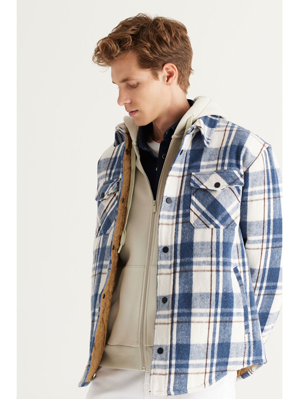 Erkek Lacivert Standart Fit Normal Kesim Klasik Yaka Kareli Gömlek Ceket-1