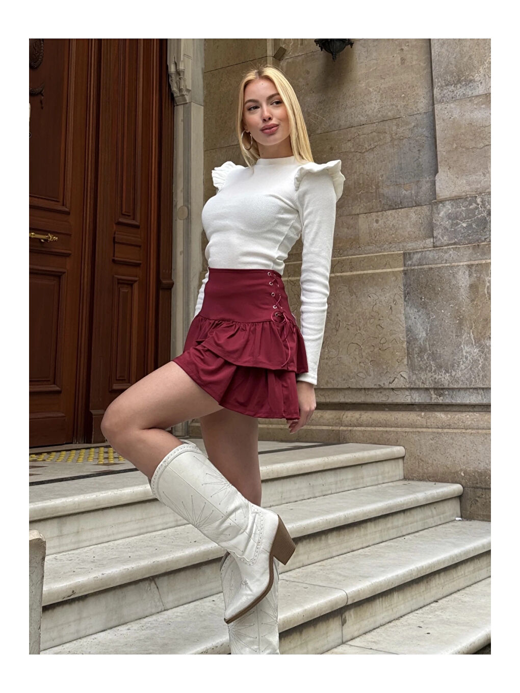 Kadın Bordo Kuş Gözlü Fır Fır Detaylı Mini Etek HZL25W-ZK11391-1