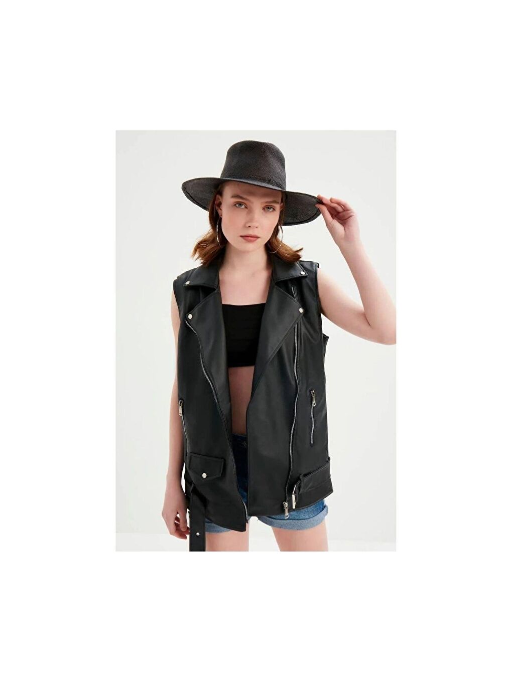 Kadın Siyah Deri Biker Oversize Yelek