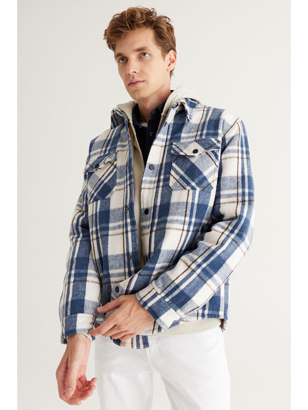 Erkek Lacivert Standart Fit Normal Kesim Klasik Yaka Kareli Gömlek Ceket-2