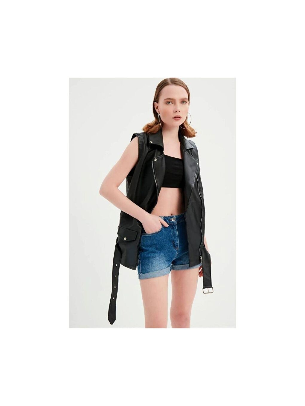 Kadın Siyah Deri Biker Oversize Yelek-1