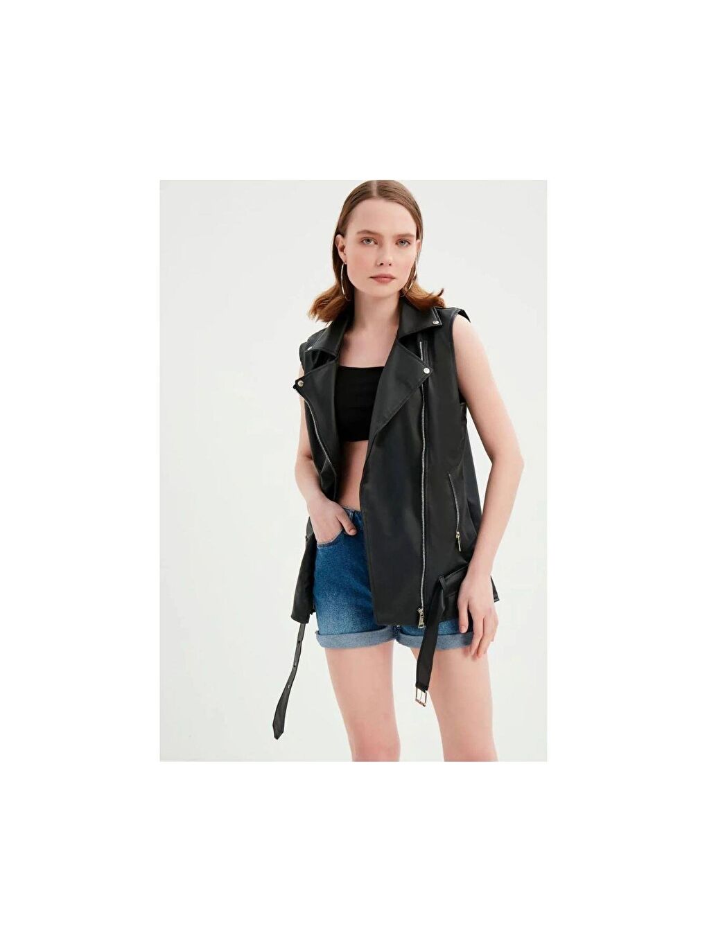 Kadın Siyah Deri Biker Oversize Yelek-2